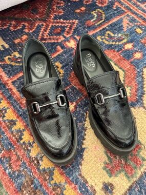 Franco Sarto Black Patent Loafers with Metal Bit